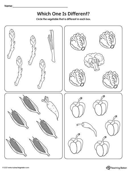 Find the vegetable that is different from the others in this preschool printable worksheet.