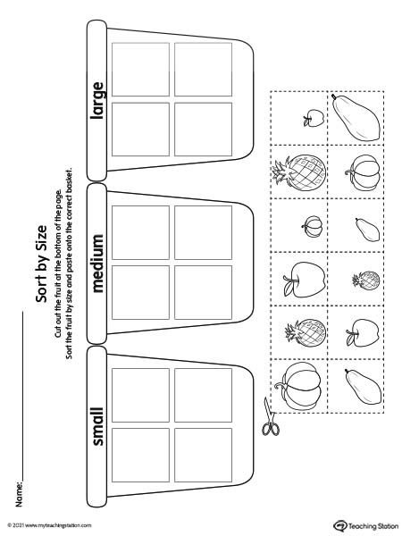 Sorting by size worksheet: Small, Medium, and Large. Help your preschooler learn about sizes by comparing objects in this pre-k math printable.