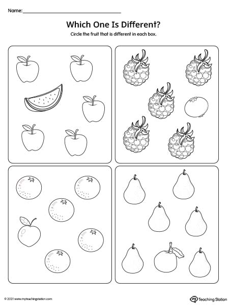 Which fruit is different in the group? Help preschoolers learn the concept of different vs same in this preschool math worksheet.