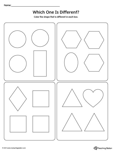 Preschool math worksheets: Which one is different in this group of shapes?