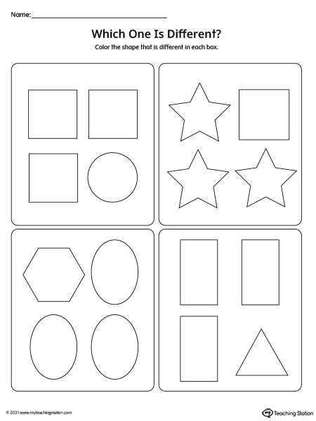 Kids use geometric shapes to compare which one is different in this printable worksheet.