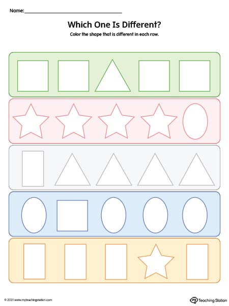 Practice comparing shapes to identify which one is different in this preschool printable.