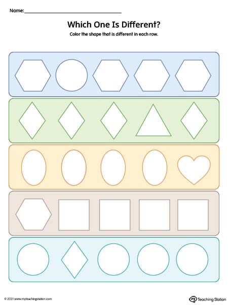 Finding the shape that does not match the others in this “which one is different” preschool worksheet.