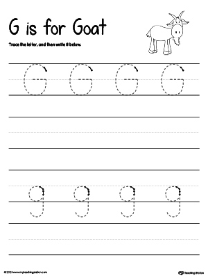 Practice writing uppercase and lowercase alphabet letter G in this printable worksheet.