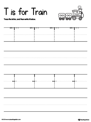 Practice writing uppercase and lowercase alphabet letter T in this printable worksheet.