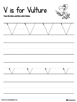 Practice writing uppercase and lowercase alphabet letter V in this printable worksheet.